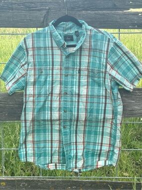 G.H. Bass & Co Men’s Plaid Button Front Short Sleeve Size Large Aqua Blue Casual